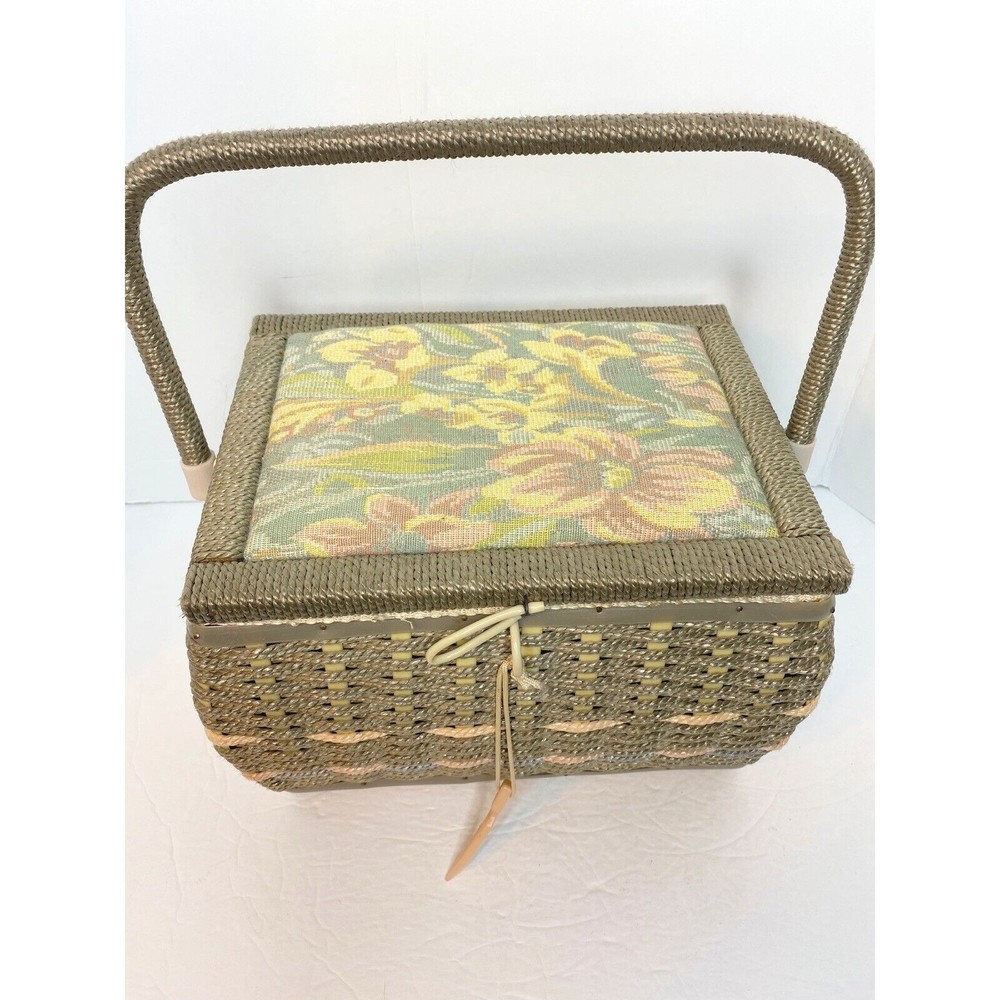 Vintage Tapestry Fabric Cushion Covered Sewing Box Basket w Handle And  Goodies